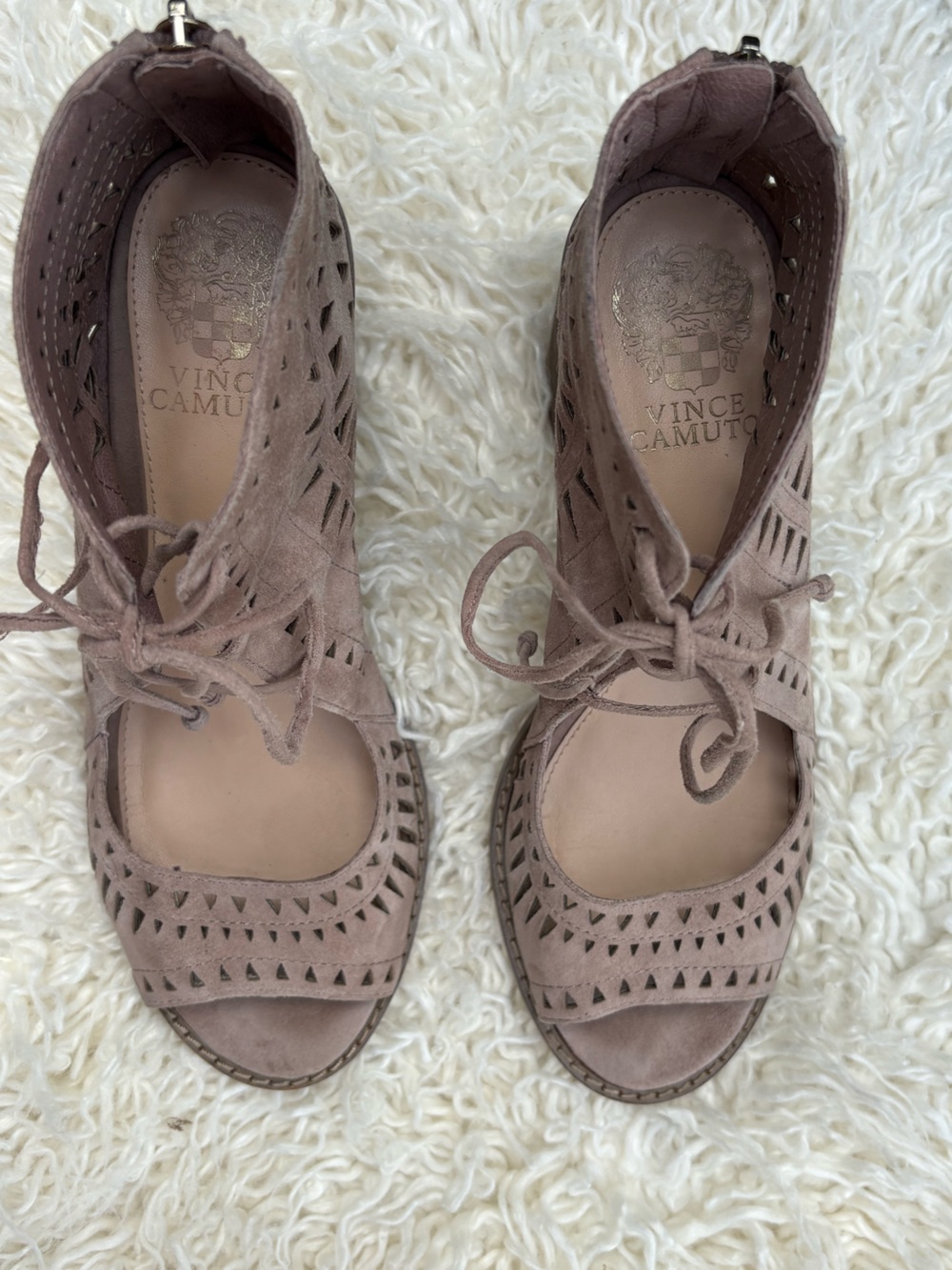 Vince Camuto Dusty Taupe Suede Laser-Cut Lace-Up Peep Toe Booties
